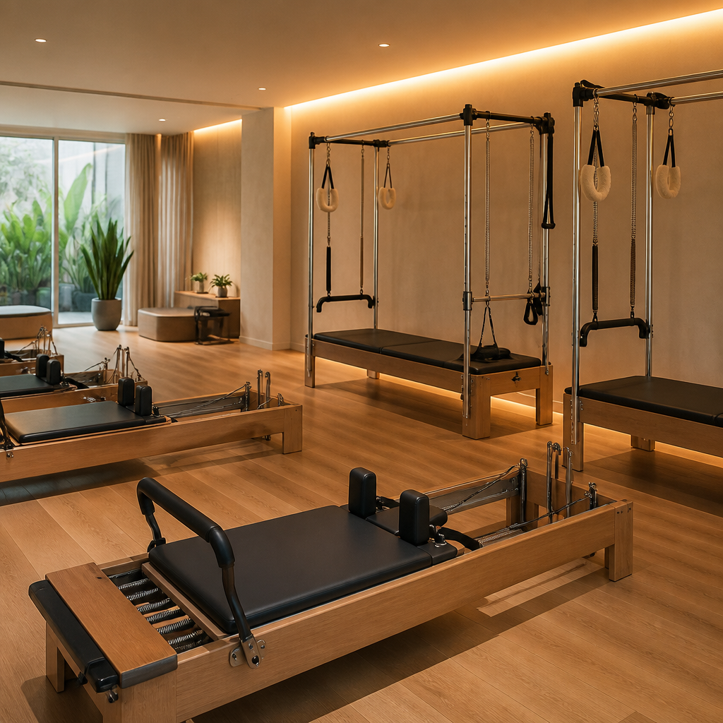 Estúdio de Pilates moderno com equipamentos de qualidade